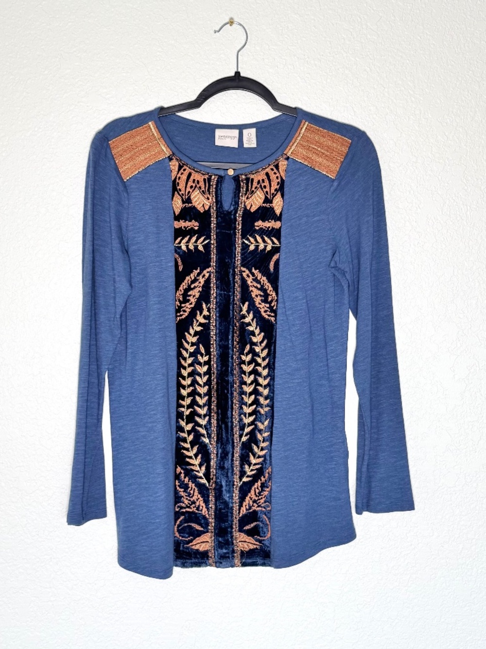 Chico’s Zenergy Pieced Velvet Tunic Top Women's S Blue Fall Western Boho Chic